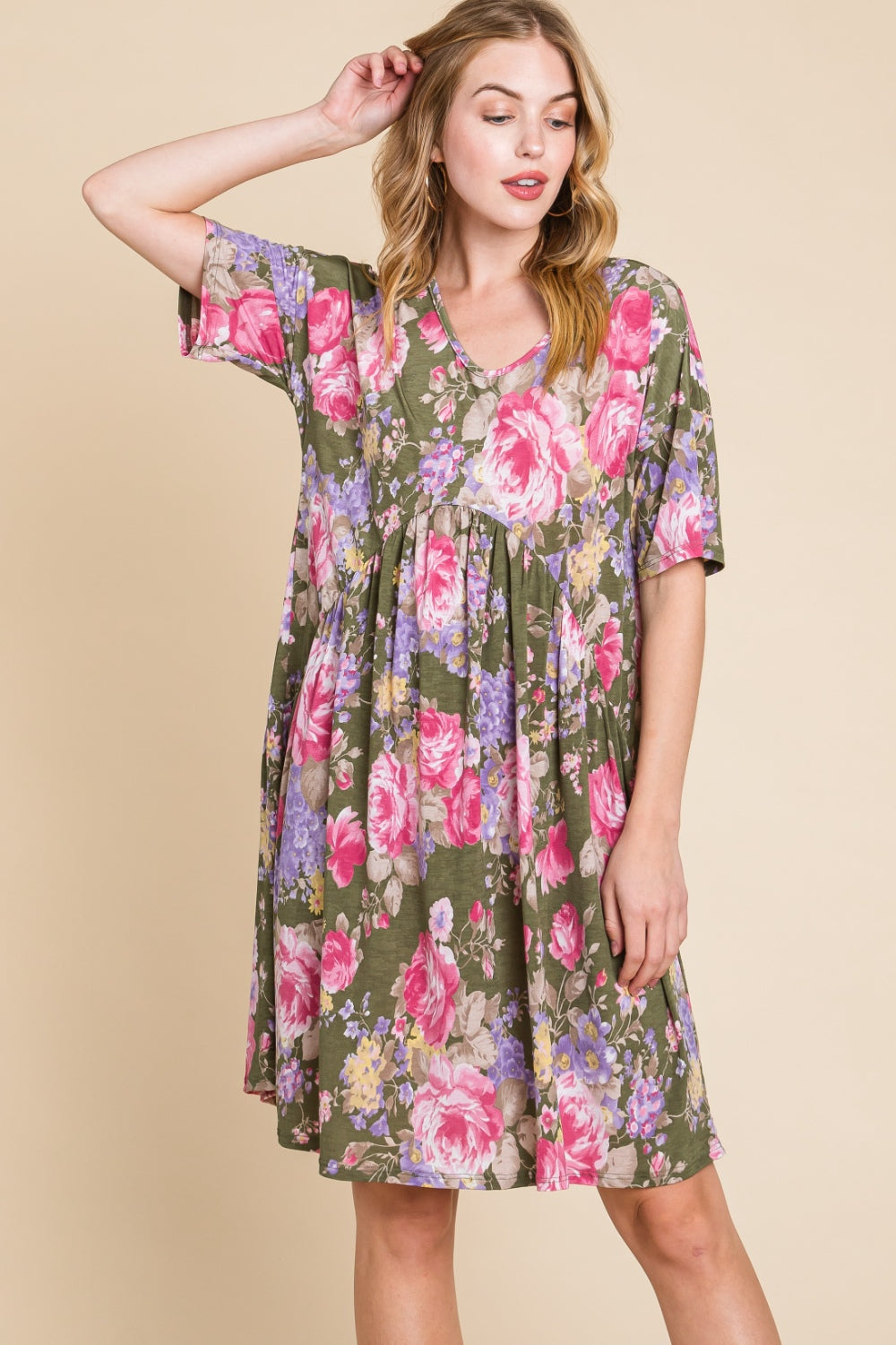 Blue Zone Planet | BOMBOM Flower Print V-Neck Ruched Dress BLUE ZONE PLANET