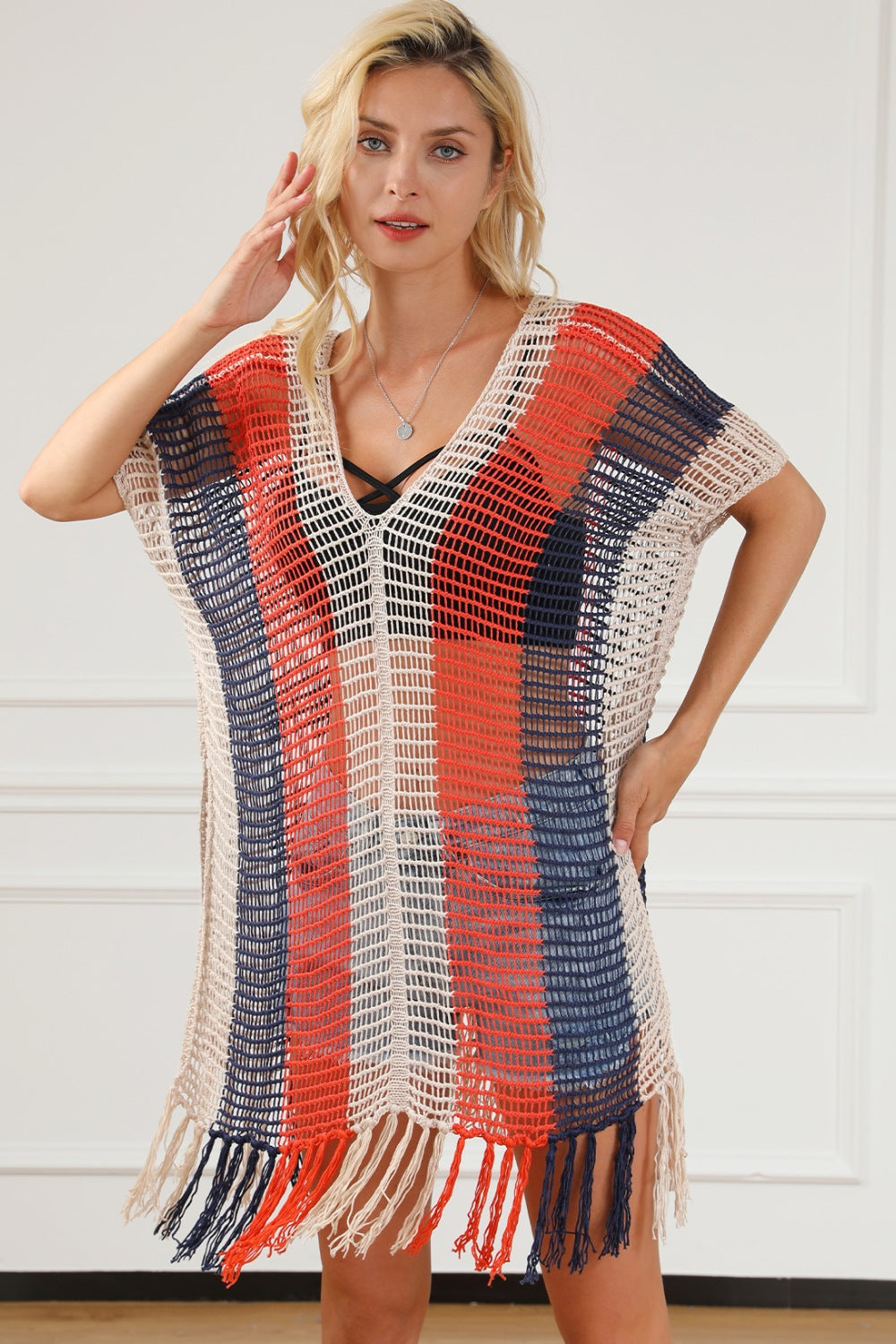 Blue Zone Planet | Tassel Color Block V-Neck Cover Up BLUE ZONE PLANET