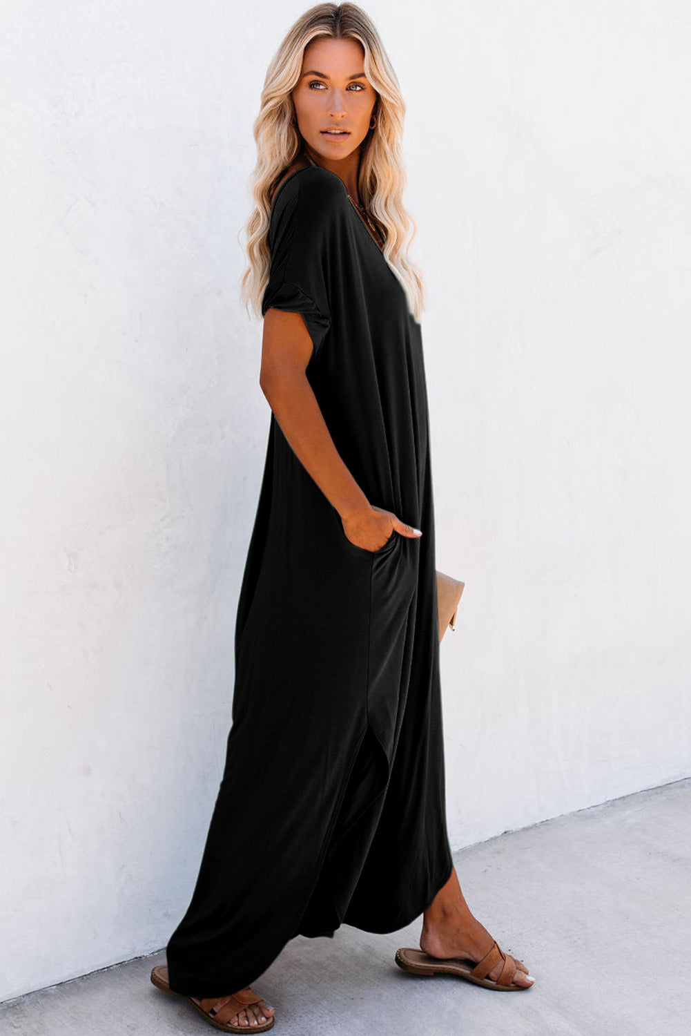 Blue Zone Planet | Black V Neck Hidden Pocket Splits Maxi T-shirt Dress Blue Zone Planet