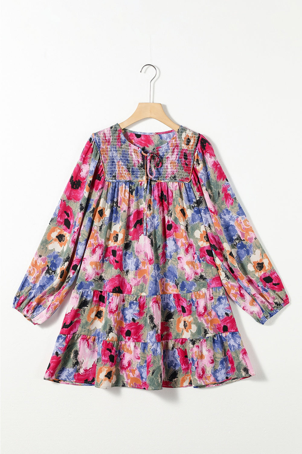 Blue Zone Planet | Printed Tie Neck Long Sleeve Mini Dress BLUE ZONE PLANET