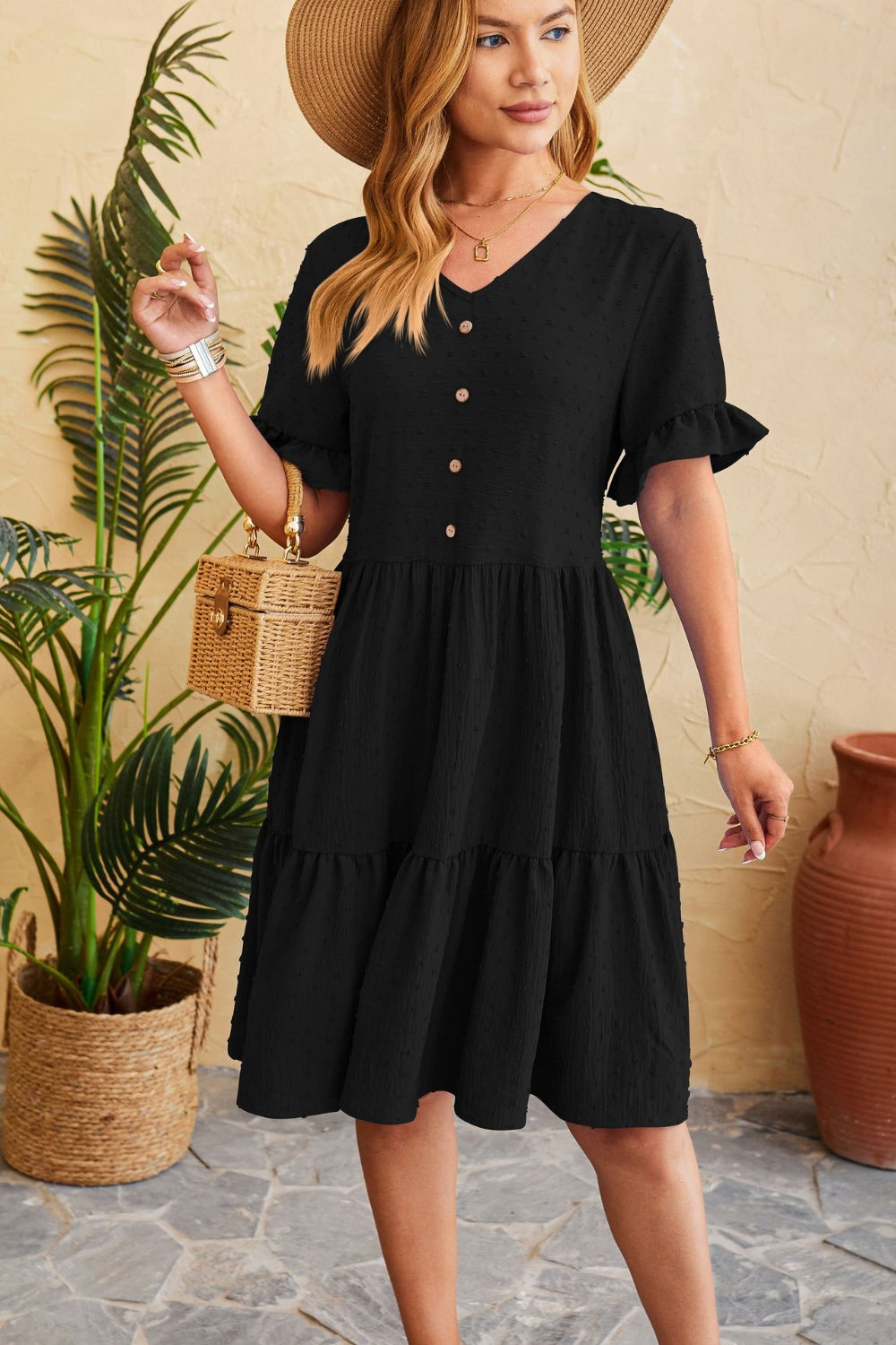 Blue Zone Planet | Swiss Dot Ruffled V-Neck Tiered Dress BLUE ZONE PLANET