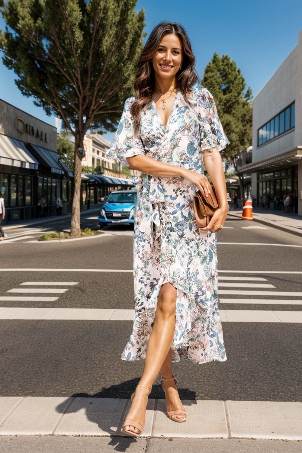 Blue Zone Planet | High-Low Printed Surplice Flutter Sleeve Midi Dress BLUE ZONE PLANET