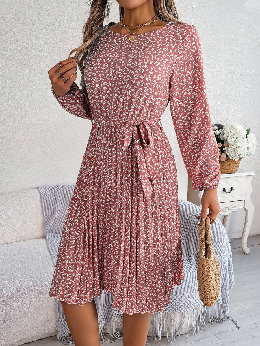 Ditsy Floral Tie Waist Pleated Dress BLUE ZONE PLANET