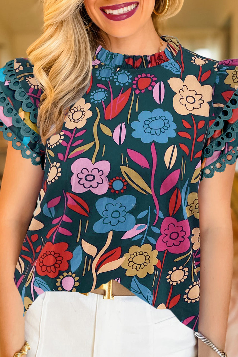 Blue Zone Planet | Green Trimmed Ruffle Sleeve Summer Floral Blouse Blue Zone Planet