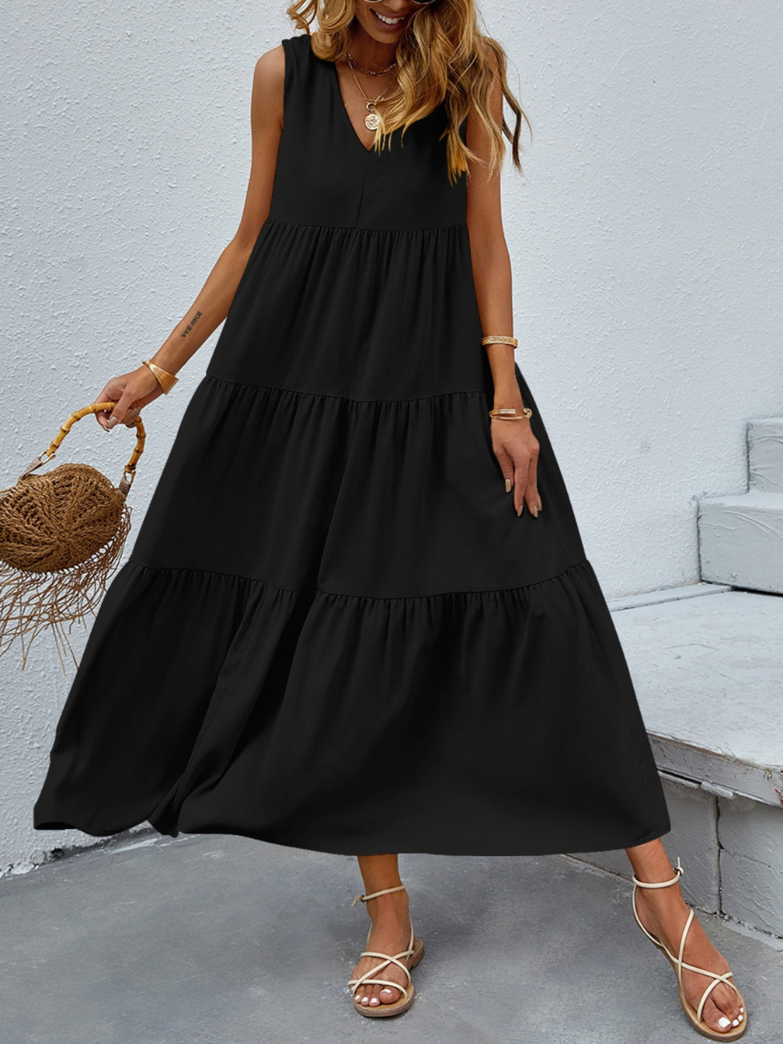 Tiered V-Neck Sleeve Dress BLUE ZONE PLANET