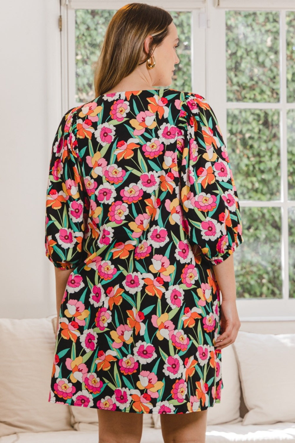 Blue Zone Planet | ODDI Full Size Floral Puff Sleeve Mini Dress BLUE ZONE PLANET