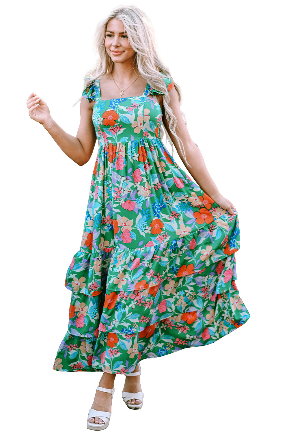 Blue Zone Planet | Green Floral Print Sleeveless Ruffle Tiered Maxi Dress Blue Zone Planet
