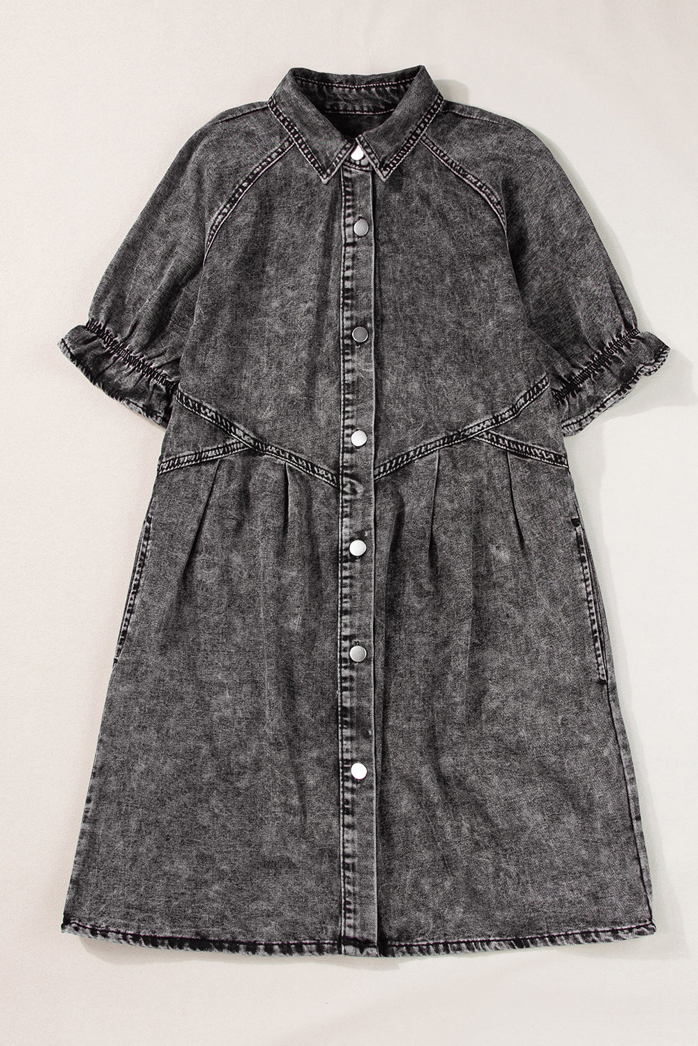 Medium Grey Mineral Wash Ruffled Short Sleeve Buttoned Denim Dress Blue Zone Planet
