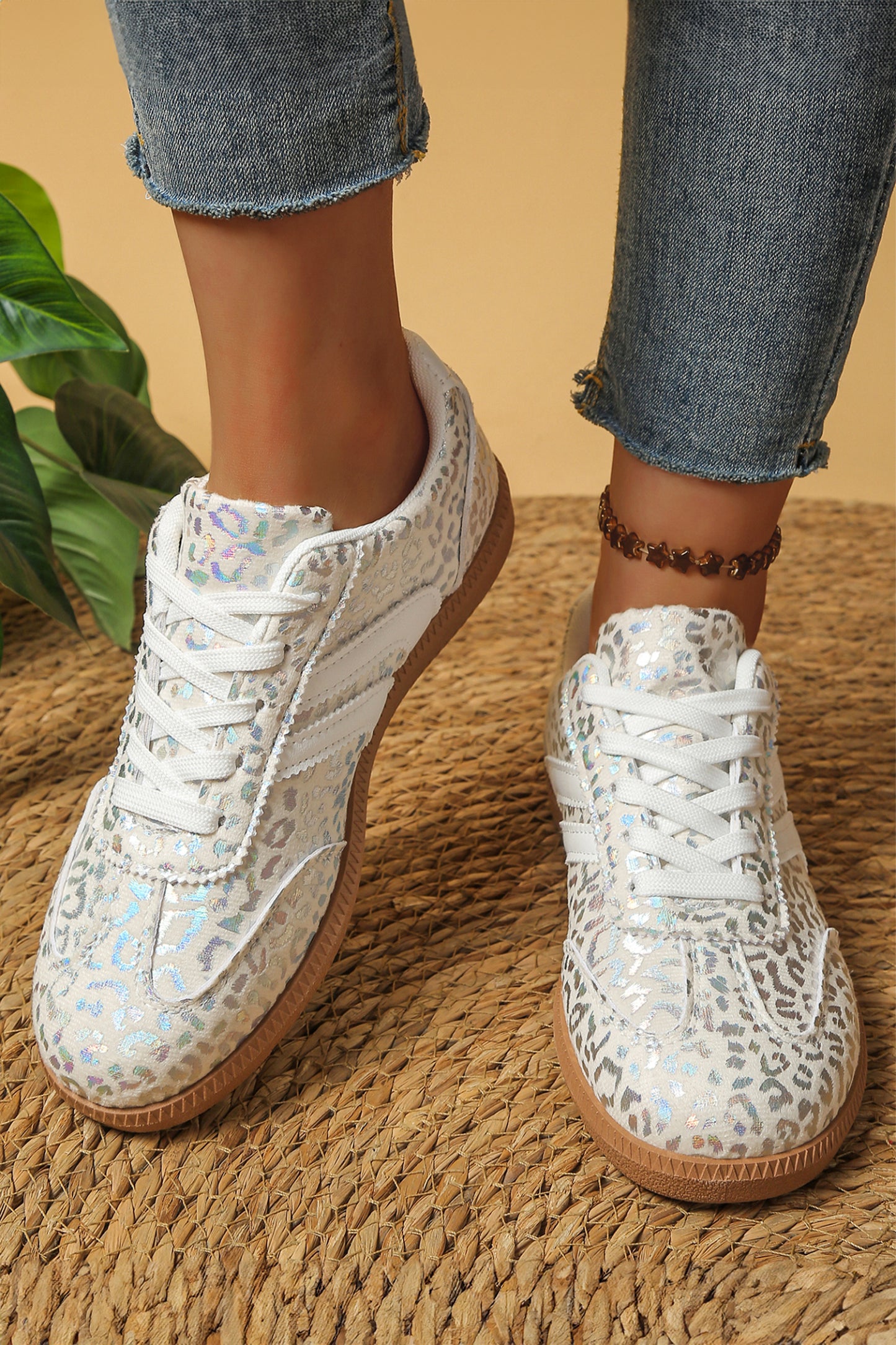 Coffee PU Leather Detail Shimmer Leopard Printed Lace-up Sneakers
