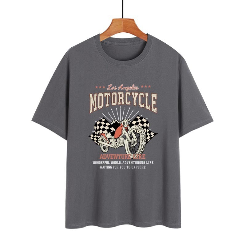 Blue Zone Planet | Street Retro Motorcycle Letter Print Collarless Loose T-Shirt BLUE ZONE PLANET