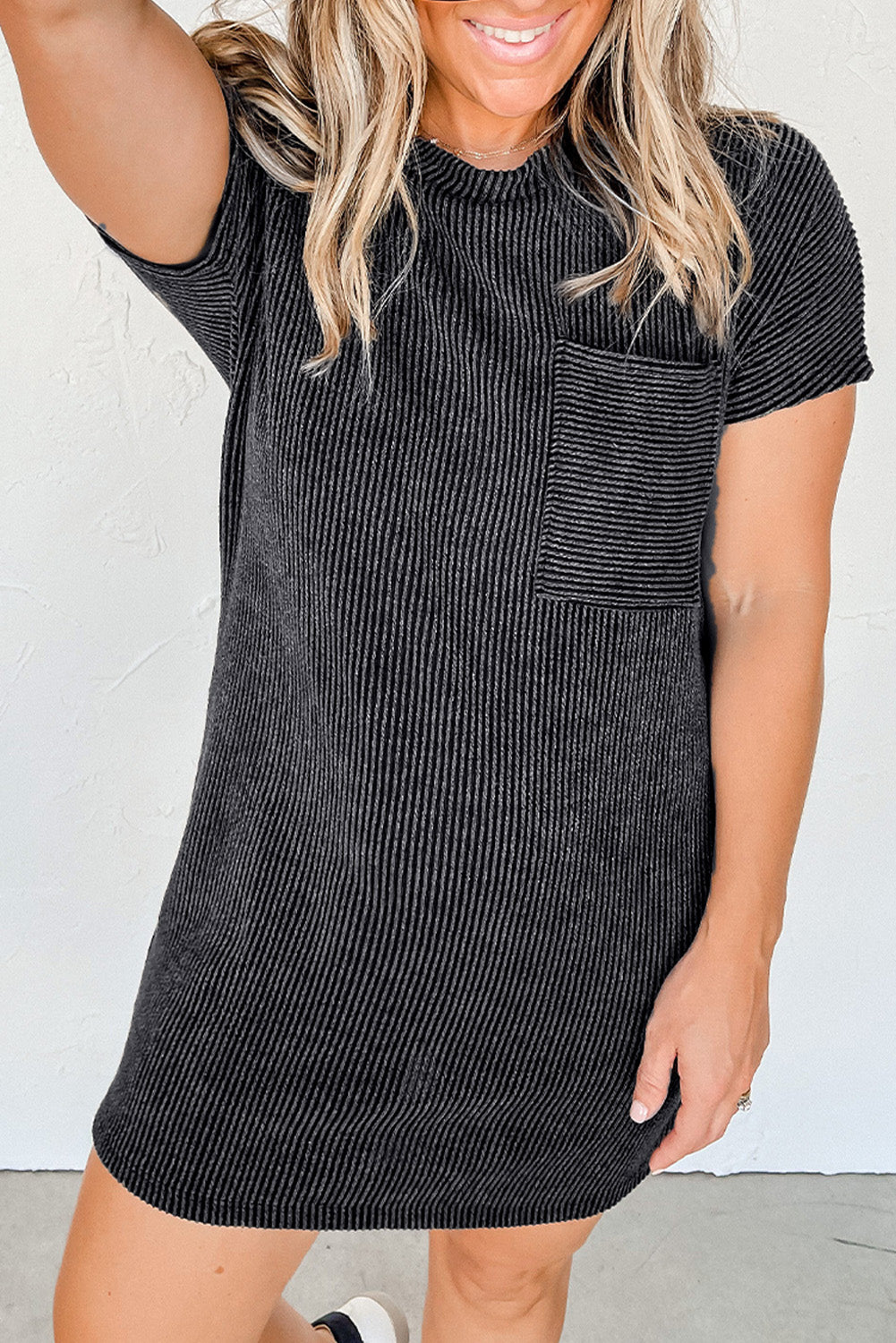 Blue Zone Planet | Gray Striped Ribbed Knit T-shirt Shift Dress Blue Zone Planet
