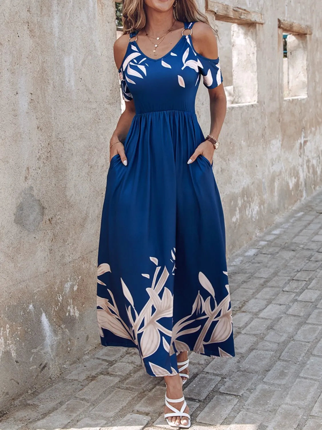 blue floral cold shoulder dress Ever-Pretty Sparkling V-Neck Floral Cold-Shoulder Pleated Evening Dress Occasion Dress