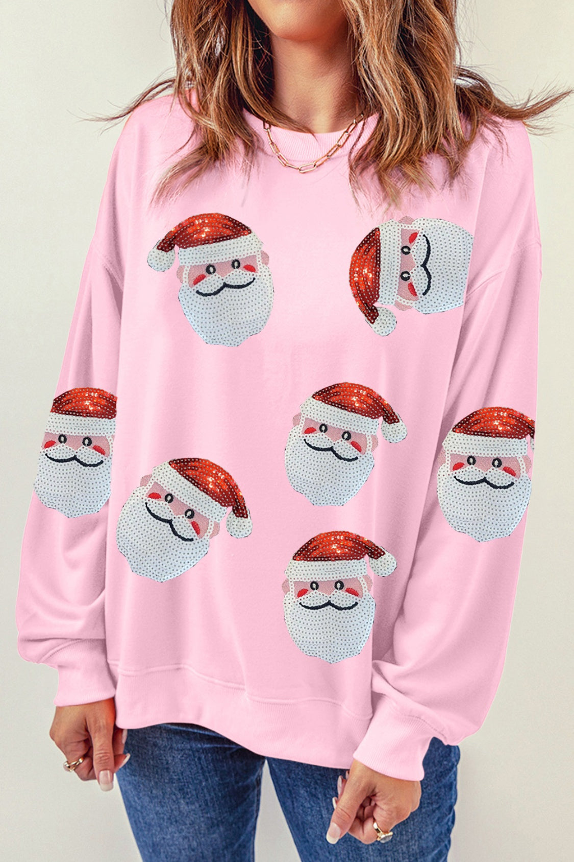 Sequin Santa Patch Round Neck Sweatshirt BLUE ZONE PLANET