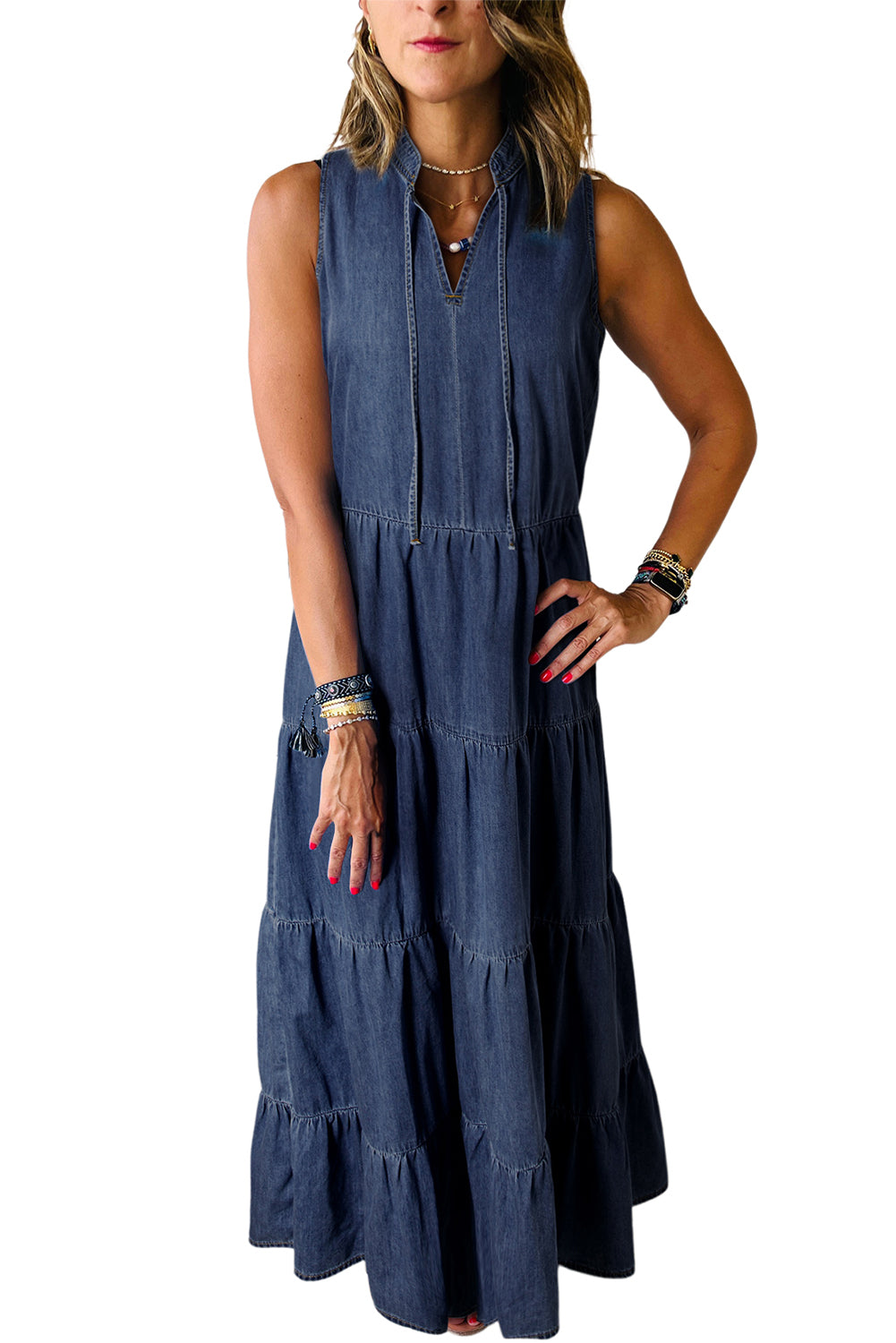 Blue Zone Planet |  Real Teal Sleeveless Tiered Chambray Maxi Dress Blue Zone Planet