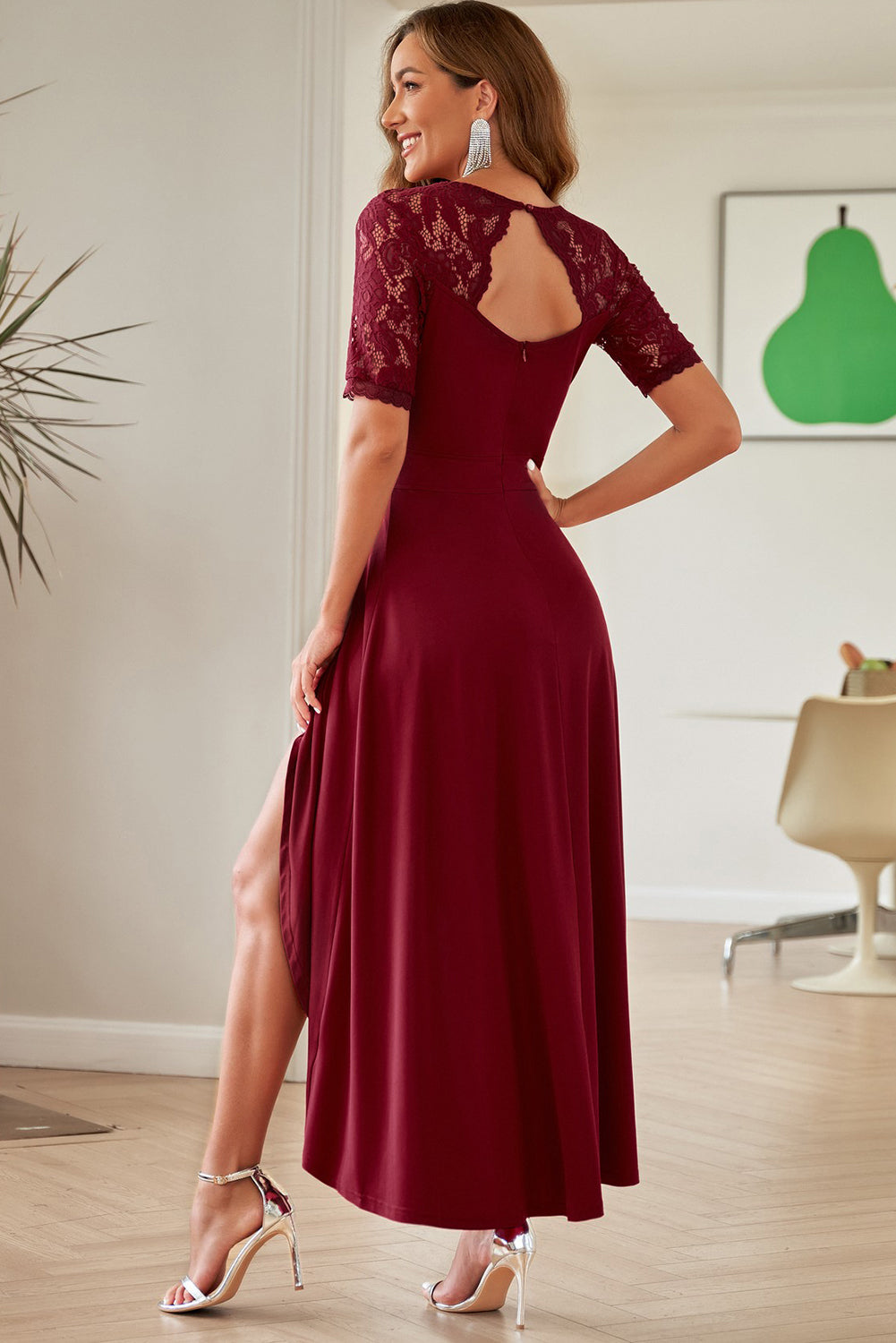 Lace Cutout V-Neck Short Sleeve Dress BLUE ZONE PLANET