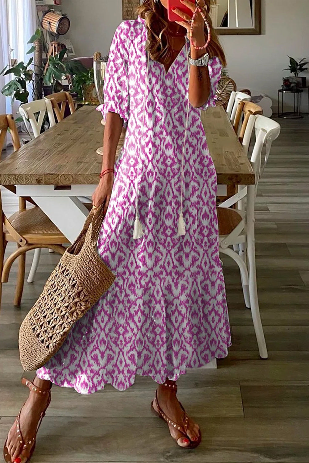 Blue Zone Planet | Sky Blue V Neck Geometric Print Maxi Dress Blue Zone Planet