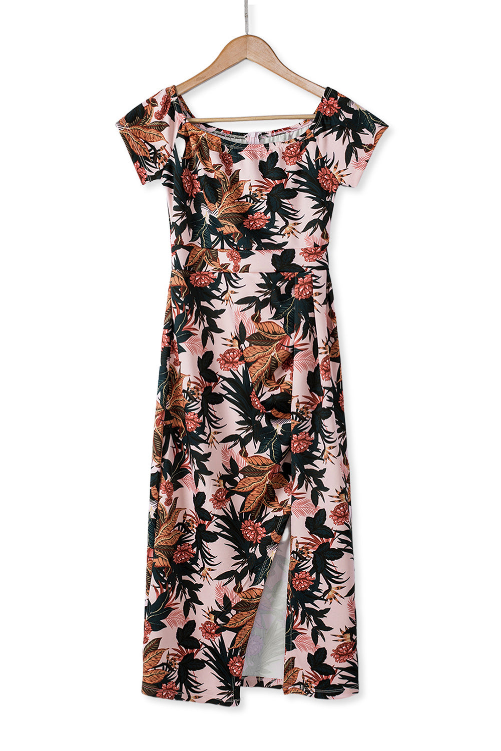 Pink Floral Print Off Shoulder Slit Bodycon Midi Dress Blue Zone Planet