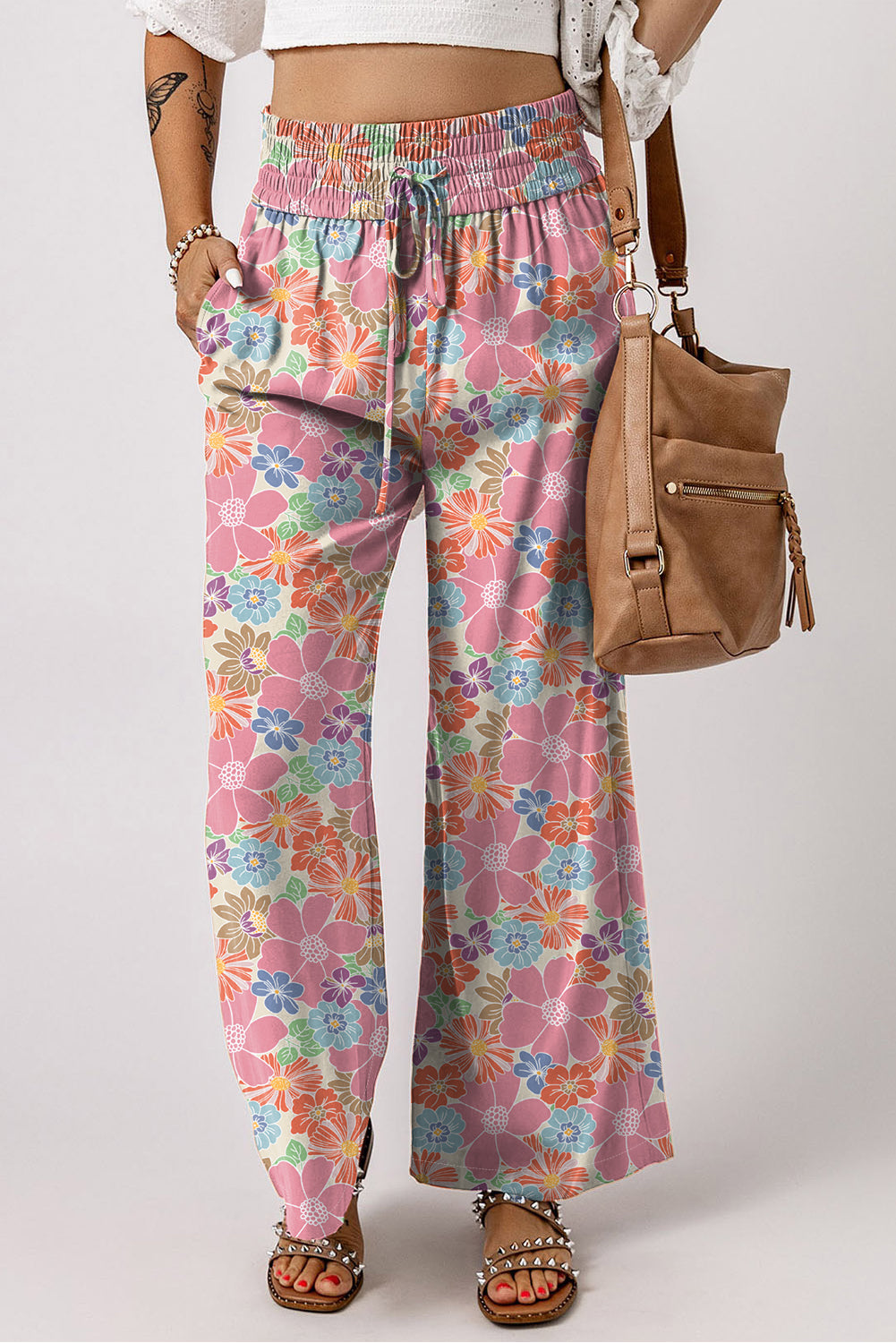 Cecilia's Green Floral Smocked Waist Loose Cotton Pants Blue Zone Planet