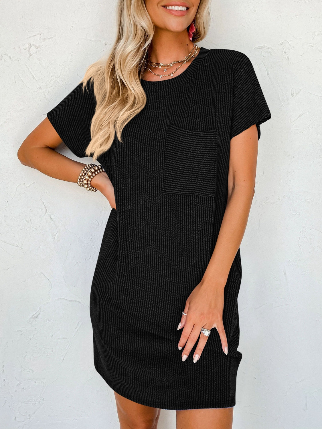 Round Neck Short Sleeve Mini Dress BLUE ZONE PLANET