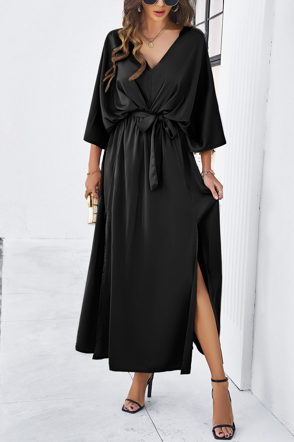 Slit Tied V-Neck Three-Quarter Sleeve Dress BLUE ZONE PLANET