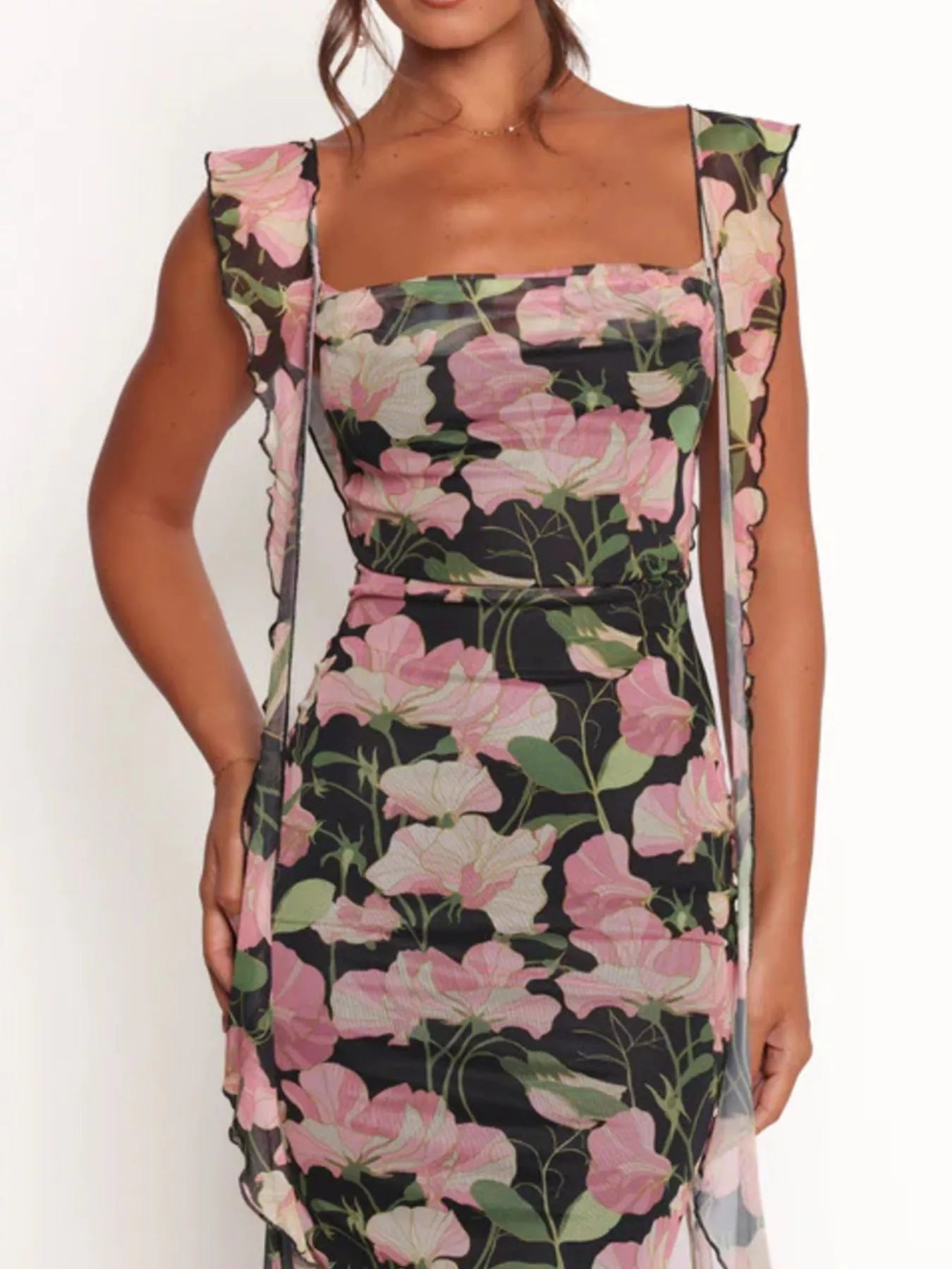 Julie's Floral Print Ruffle Trim Bodycon Maxi Dress Green / XL by Blue Zone Planet