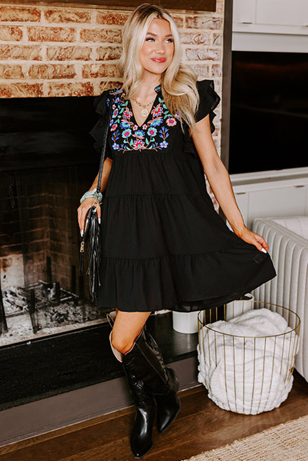 Blue Zone Planet | Black Floral Embroidered Tiered Ruffled Mini Dress Blue Zone Planet