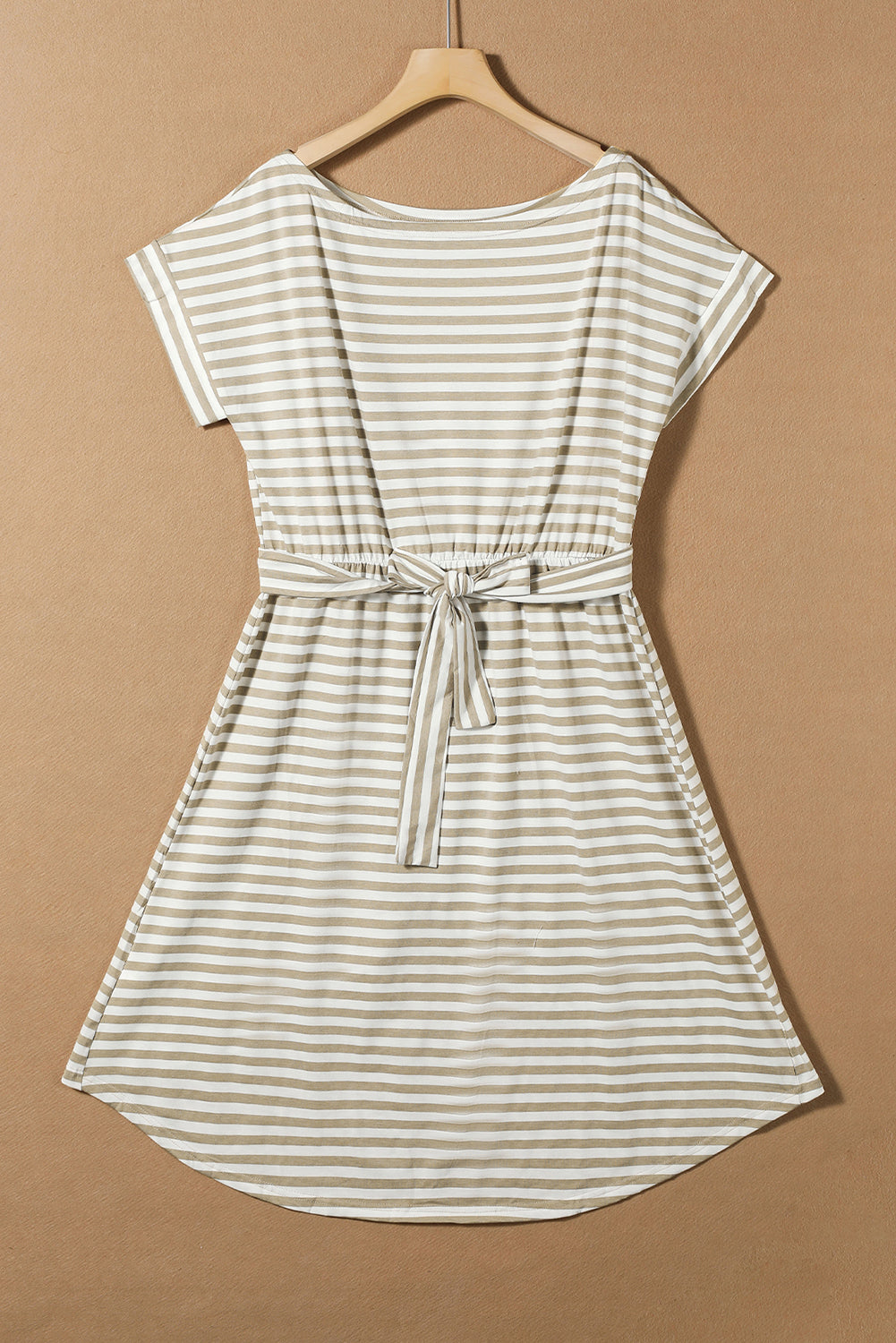 Khaki Stripe Short Sleeve Belted Wrapped Hemline T-Shirt Dress Blue Zone Planet
