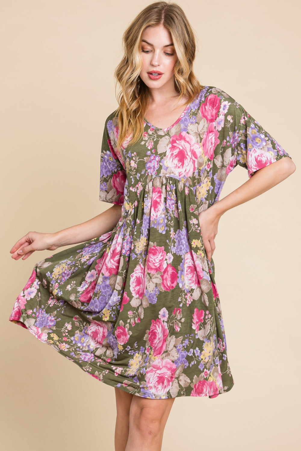 Blue Zone Planet | BOMBOM Flower Print V-Neck Ruched Dress BLUE ZONE PLANET