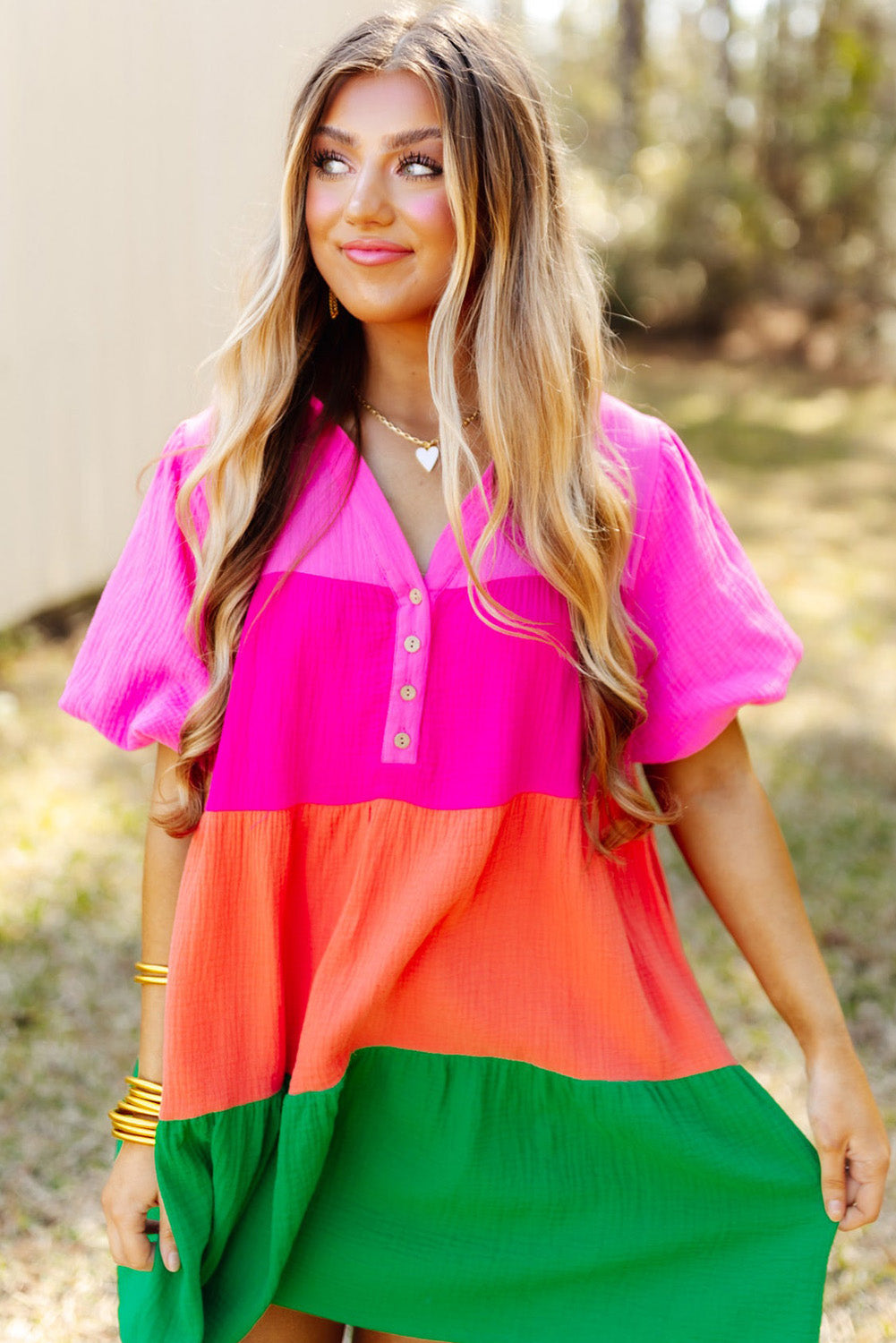Blue Zone Planet | Multicolor Color Block Tiered Puff Sleeve Dress Blue Zone Planet