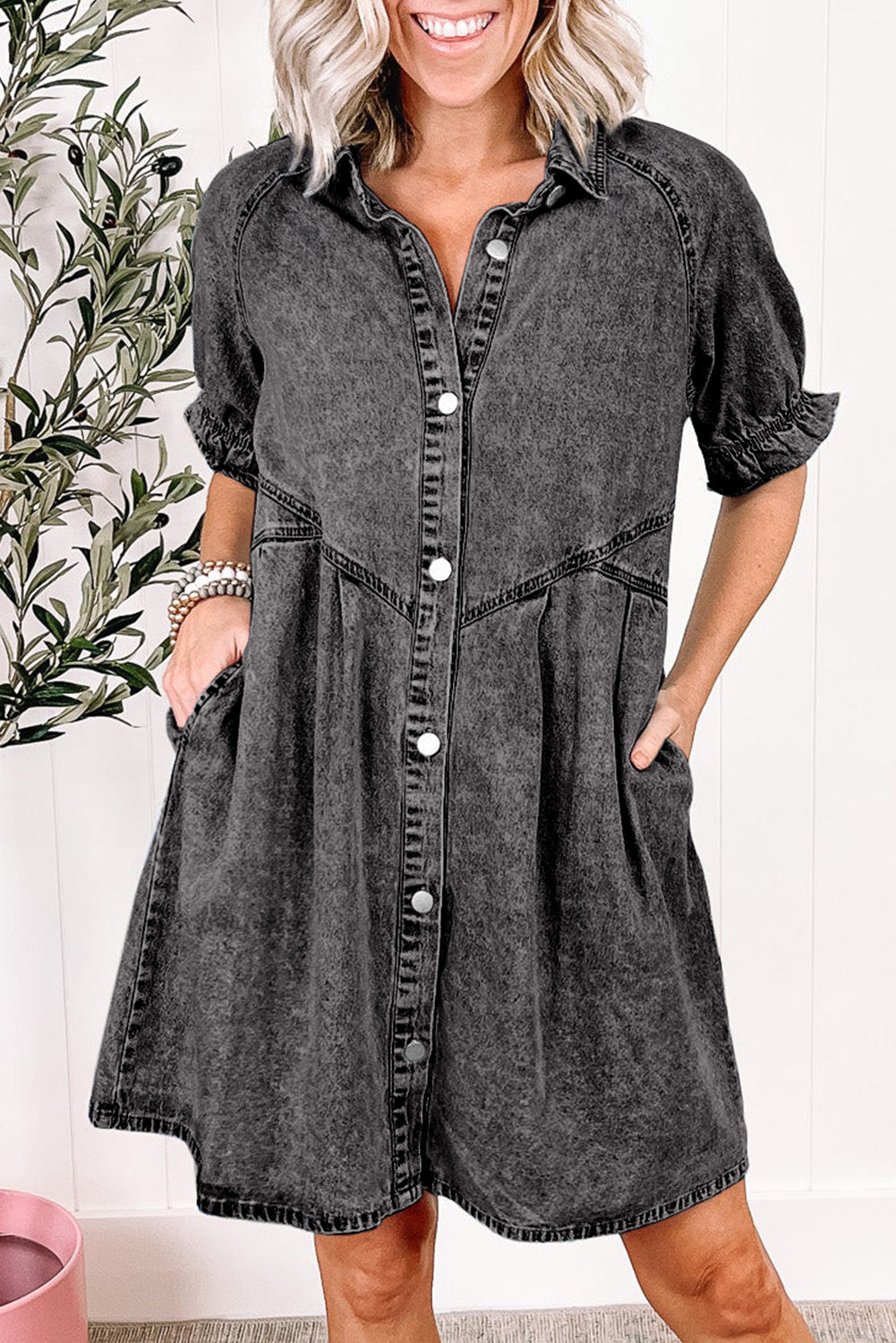 Medium Grey Mineral Wash Ruffled Short Sleeve Buttoned Denim Dress Blue Zone Planet