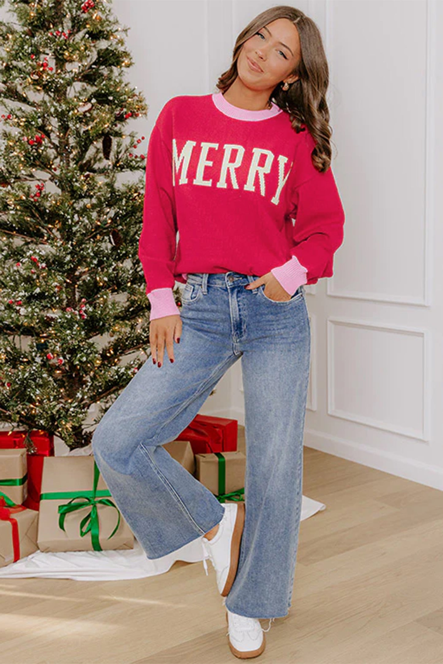 Red Drop Shoulder Round Neck Letter Print Colorblock Sweater