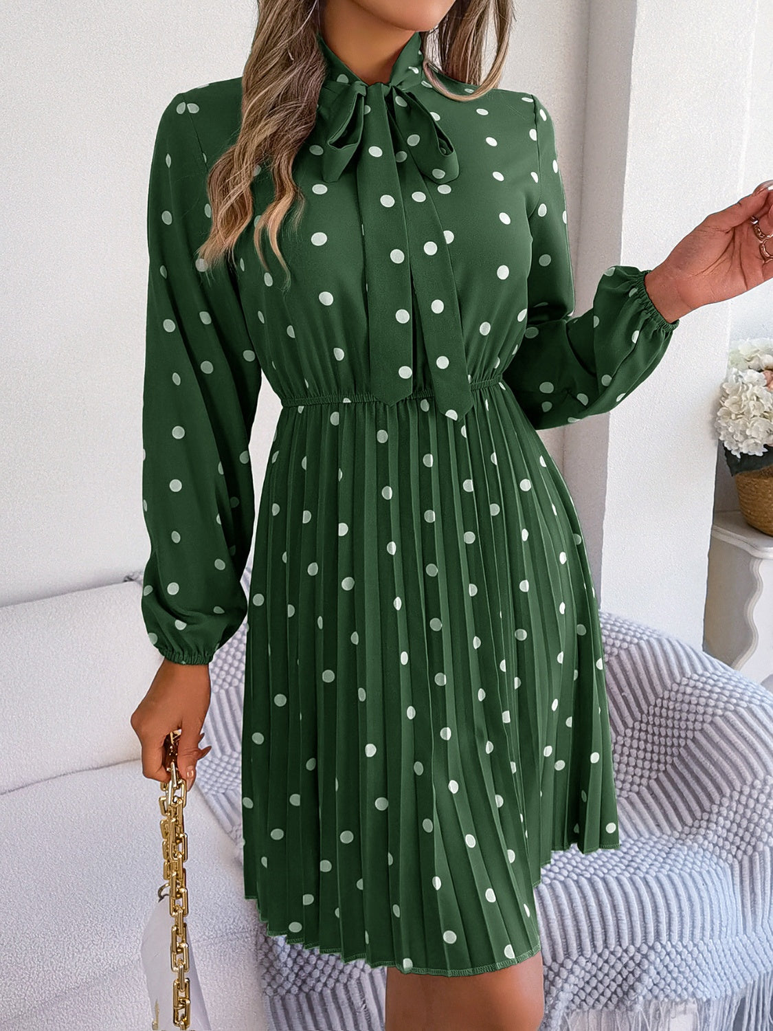 Polka Dot Tie Neck Pleated Dress BLUE ZONE PLANET