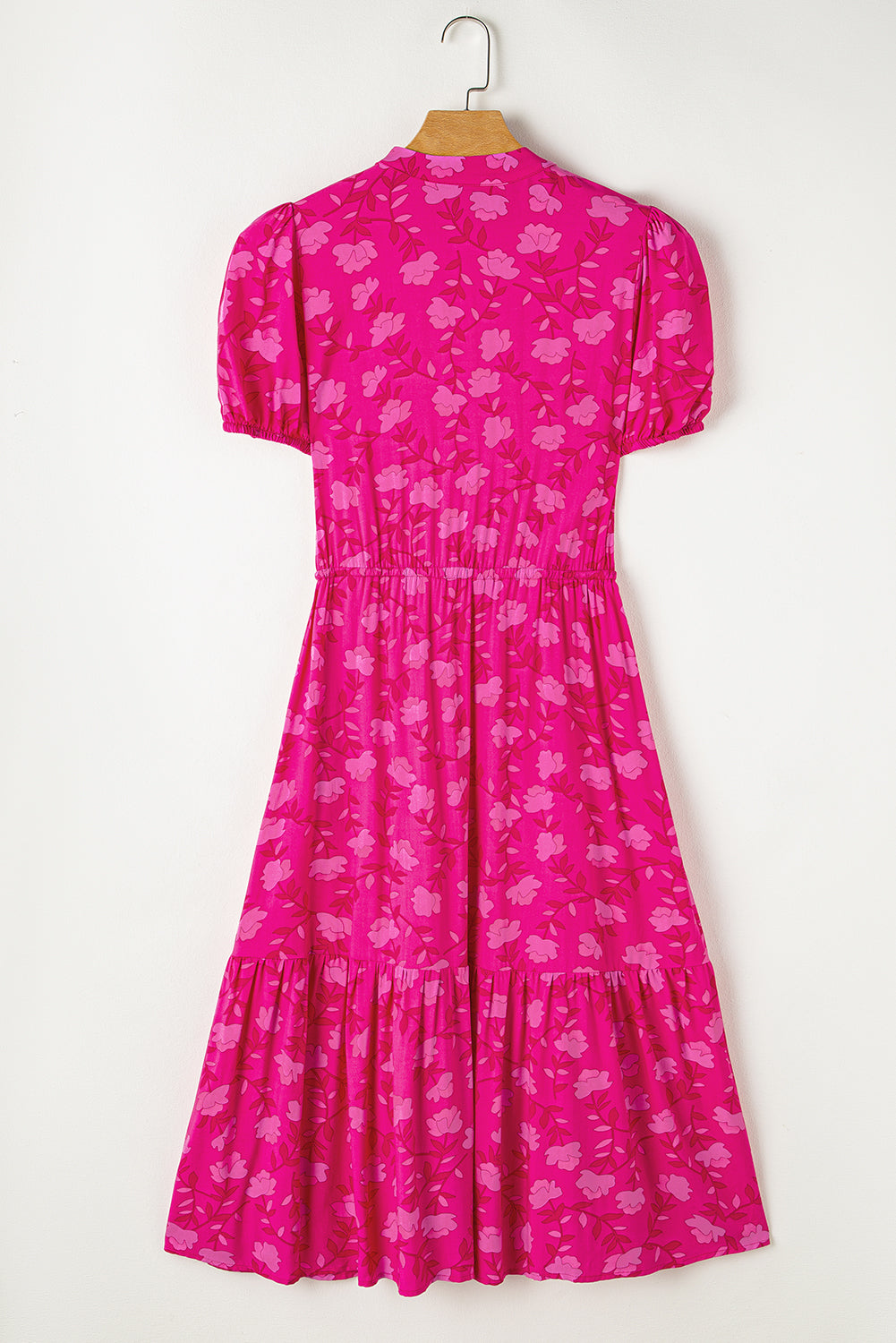 Rose Red Floral Print Pleated Drawstring Flowy Midi Dress Blue Zone Planet
