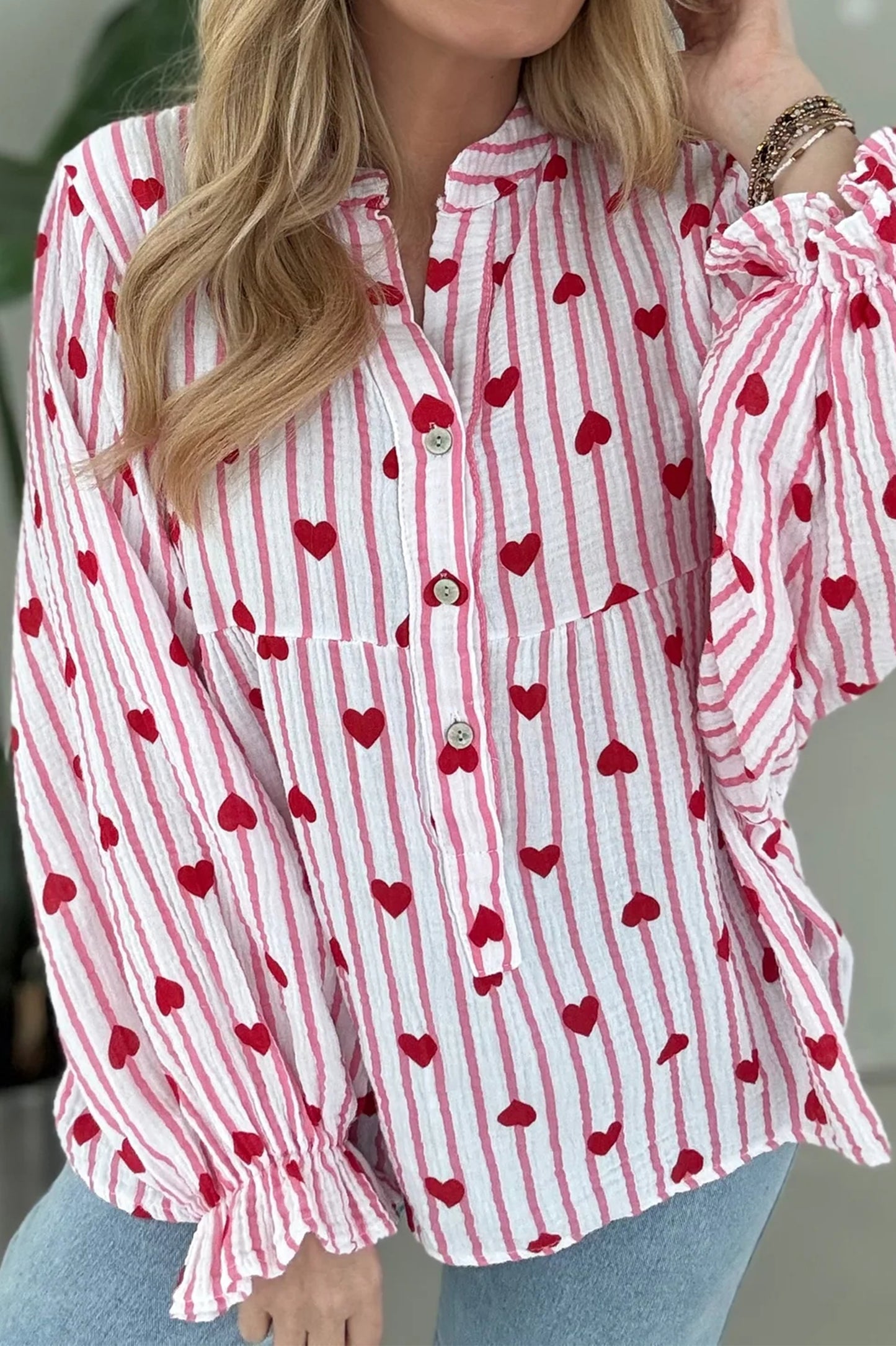 Pink Stripe Textured Heart Print Long Flounce Sleeve Shirt
