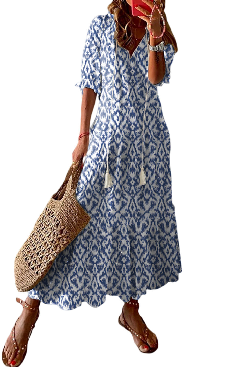 Blue Zone Planet | Sky Blue V Neck Geometric Print Maxi Dress Blue Zone Planet
