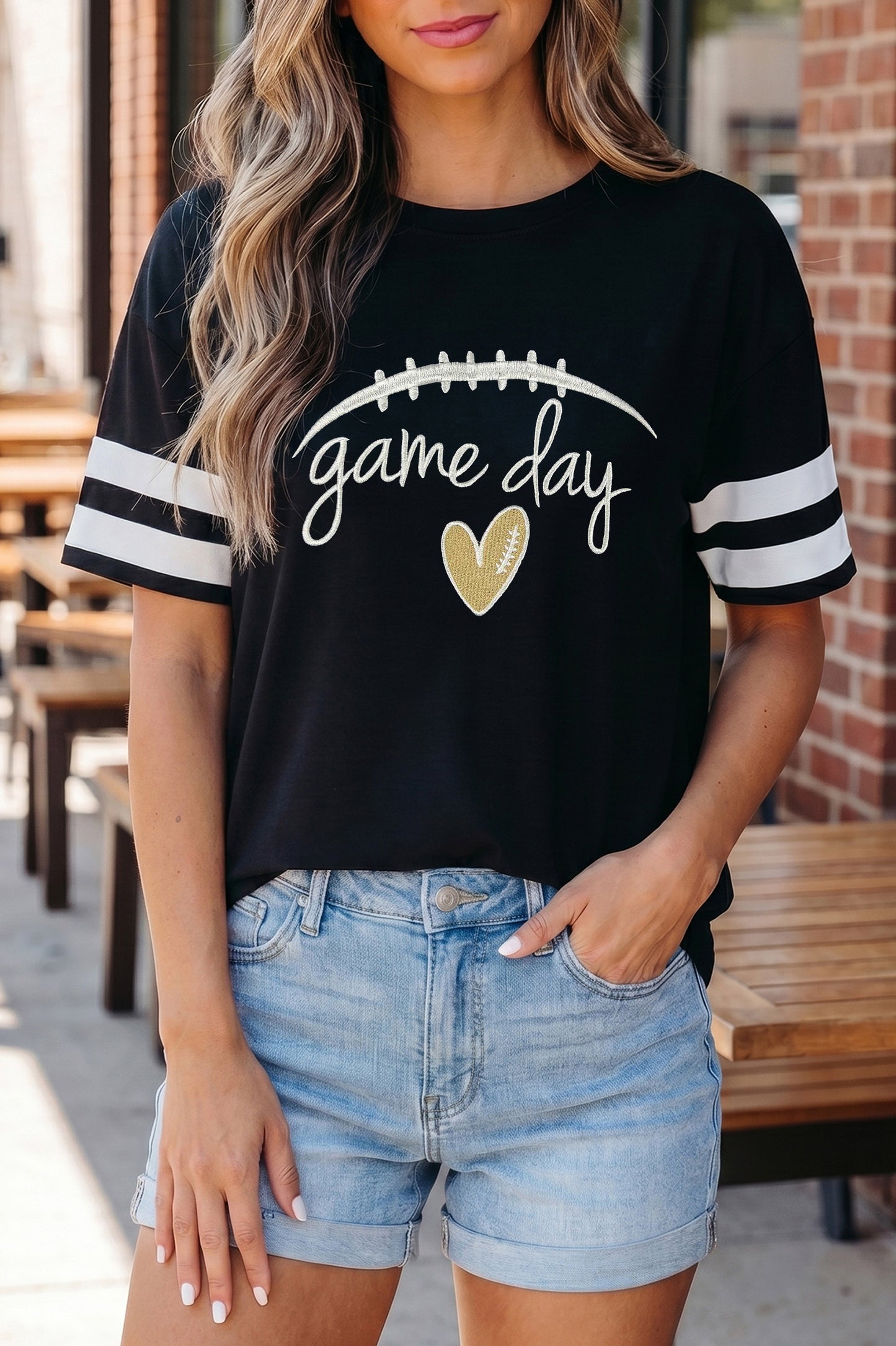 Black Game Day Embroidered Heart Pattern Varsity Casual T Shirt
