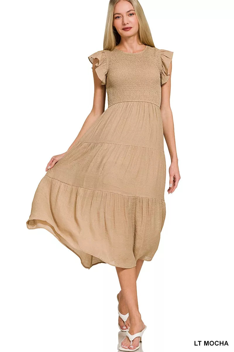 Zenana Woven Smocked Ruffle Sleeve Midi Dress LT Mocha / M
