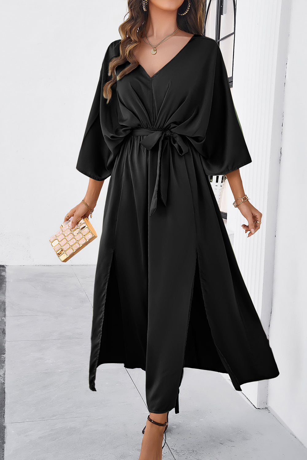 Slit Tied V-Neck Three-Quarter Sleeve Dress BLUE ZONE PLANET