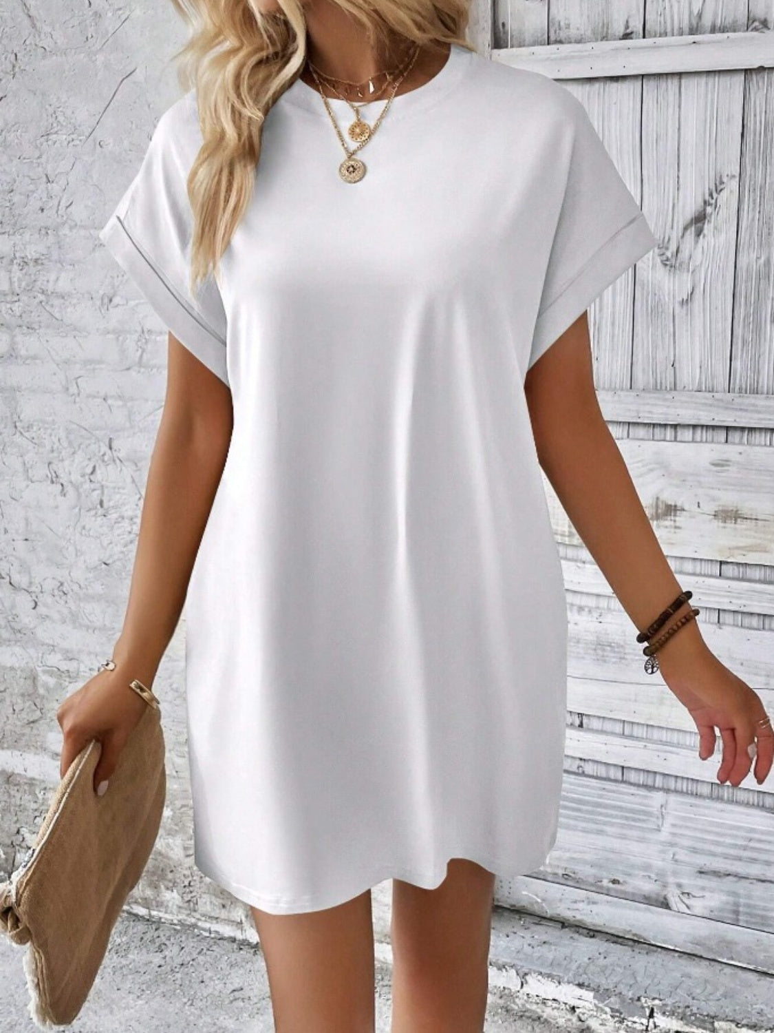 Pocketed Round Neck Short Sleeve Dress BLUE ZONE PLANET