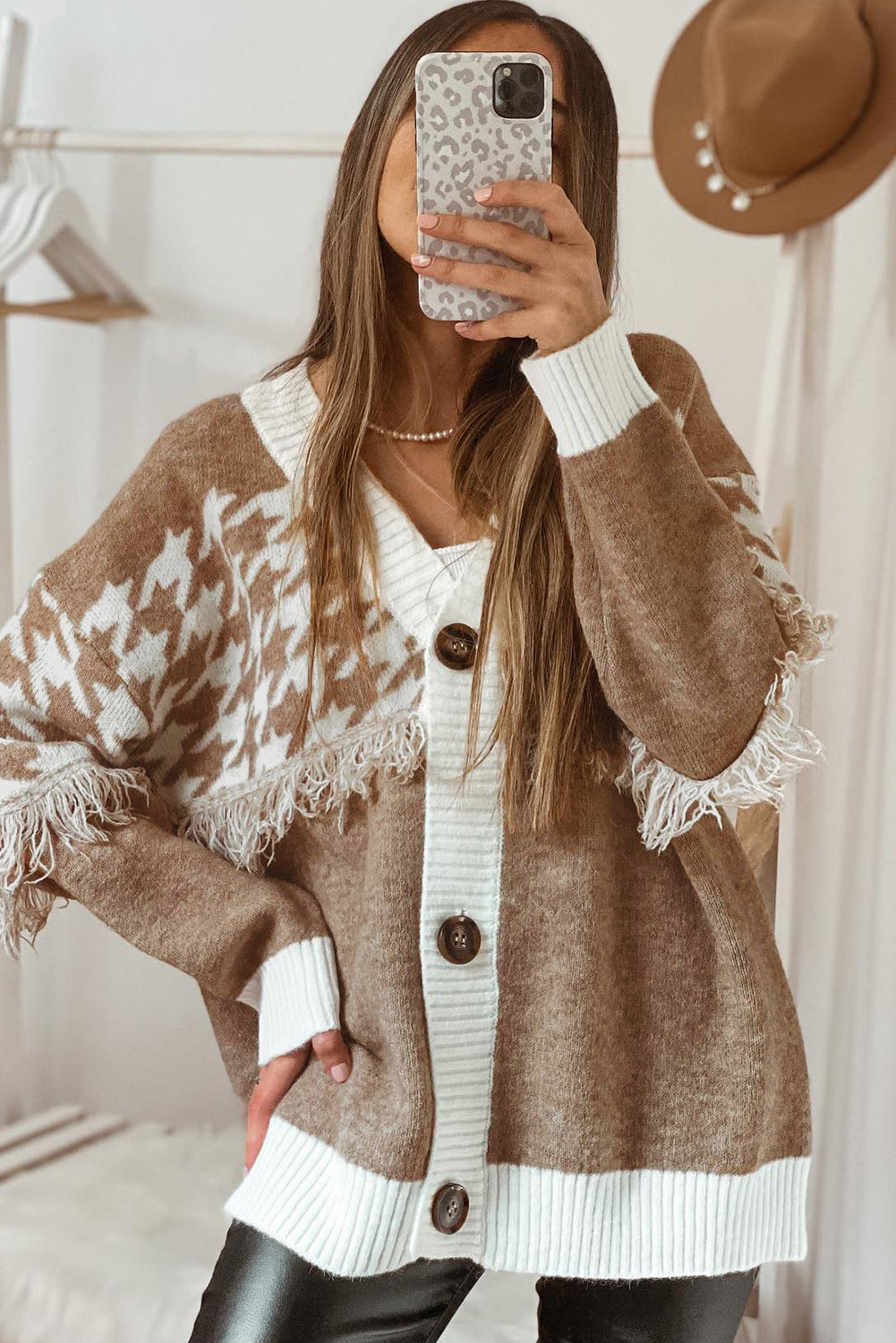 Khaki Houndstooth Color Block V Neck Raw Edge Button Front Cardigan