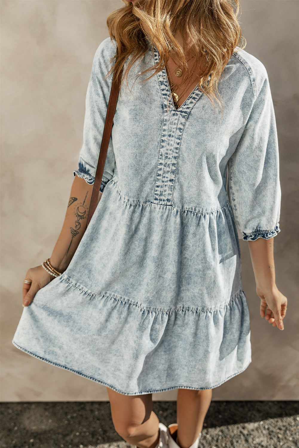 Blue Zone Planet | Dusk Blue Acid Wash Retro Half Sleeve Flared Denim Dress Blue Zone Planet