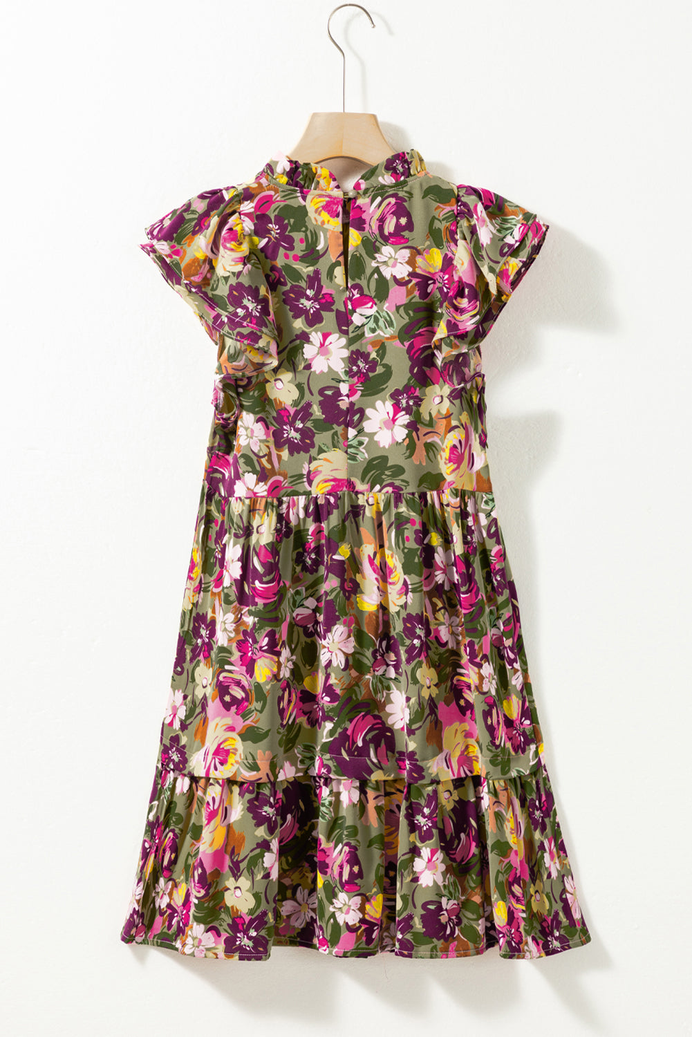 Blue Zone Planet | Green Floral Print Ruched Flutter Sleeve Frilled Neck Mini Dress Blue Zone Planet