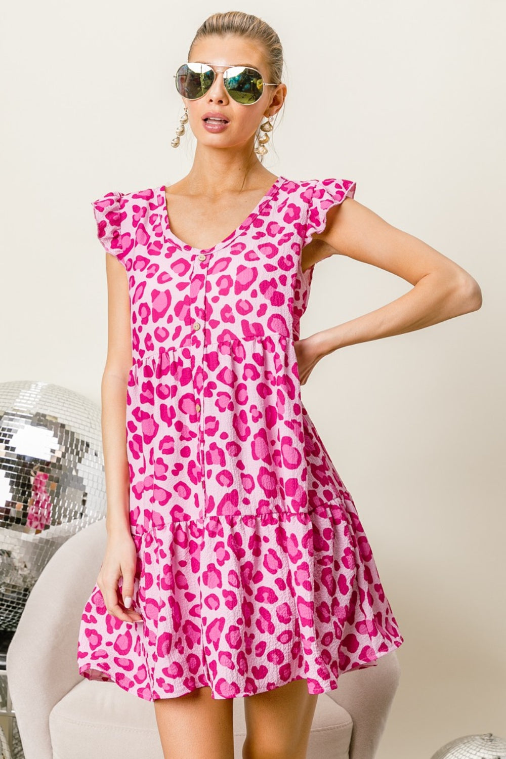 Blue Zone Planet | BiBi Leopard Cap Sleeve Tiered Mini Dress BLUE ZONE PLANET