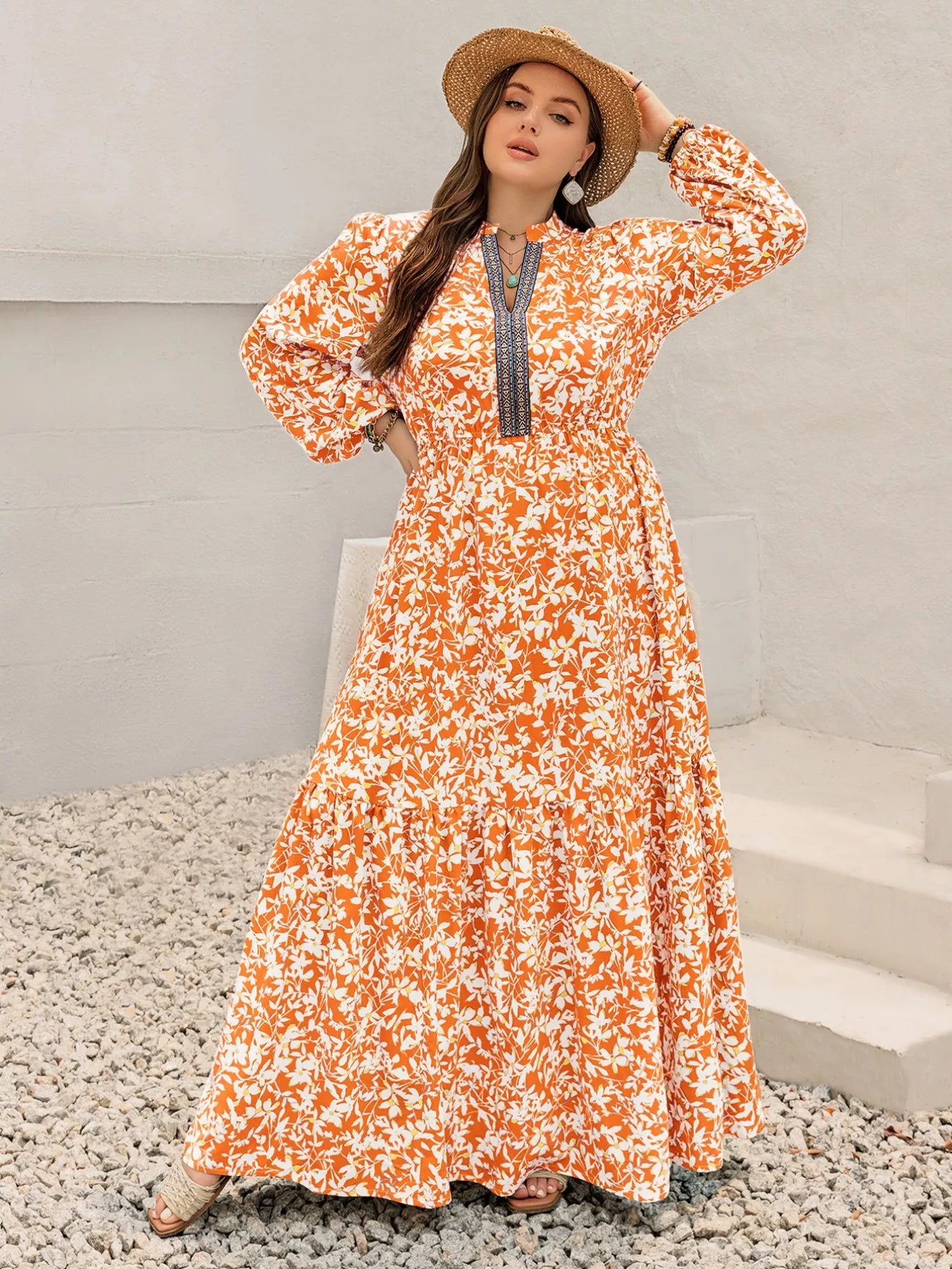 Plus Size Boho Floral Print Maxi Dress Tangerine / 2XL Plus Size Boho Floral Print Maxi Dress Tangerine / 2XL