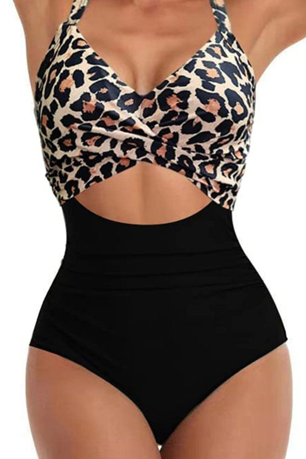 Blue Zone Planet | Black Leopard 2-tone Crossed Cutout Backless Monokini Blue Zone Planet
