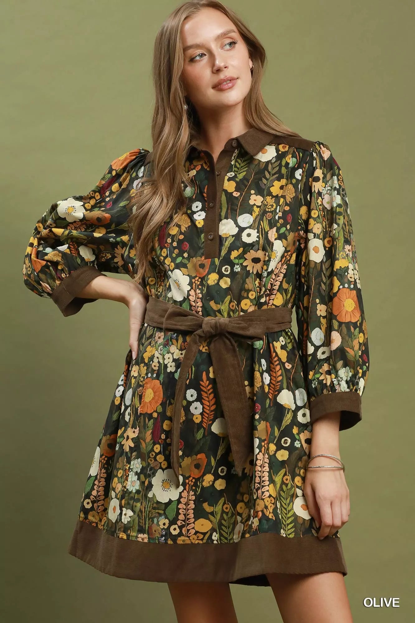 umgee fall dresses Floral Print Belted Puff Sleeve Mini Dress All Measurements are approximate Wound Cleaning and Dressing color:Z-MULTI Color_beige