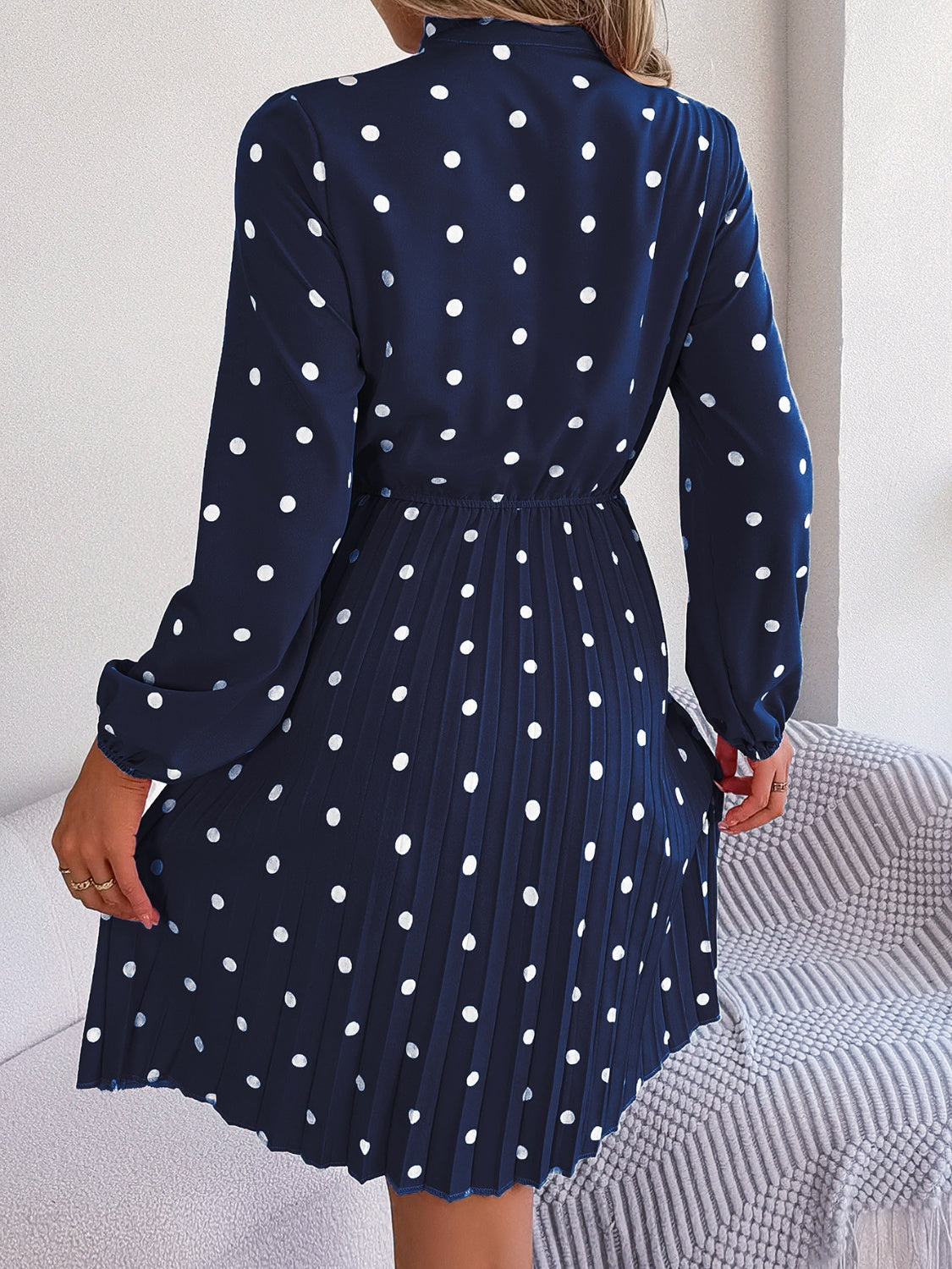 Polka Dot Tie Neck Pleated Dress BLUE ZONE PLANET