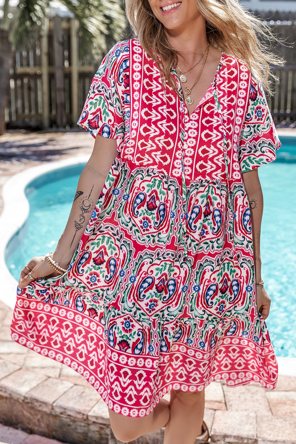 Blue Zone Planet | Pink Bohemian Print Tie Neck Ruffle Hem Short Dress Blue Zone Planet