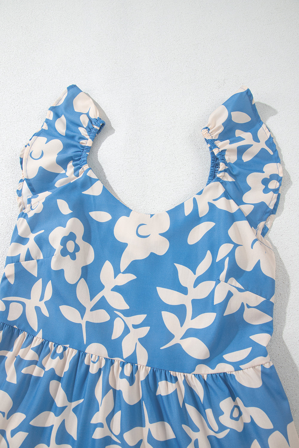 Sky Blue Floral U Neck Sleeveless Tiered Flowy Midi Dress