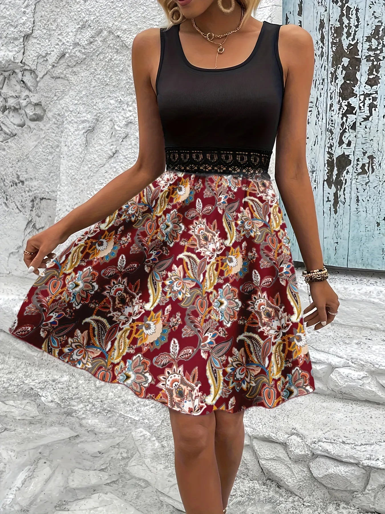 Printed A-Line Tank Dress With Lace Waist Detail – Blue Zone Planet Printed A-Line Tank Dress With Lace Waist Detail – Blue Zone Planet